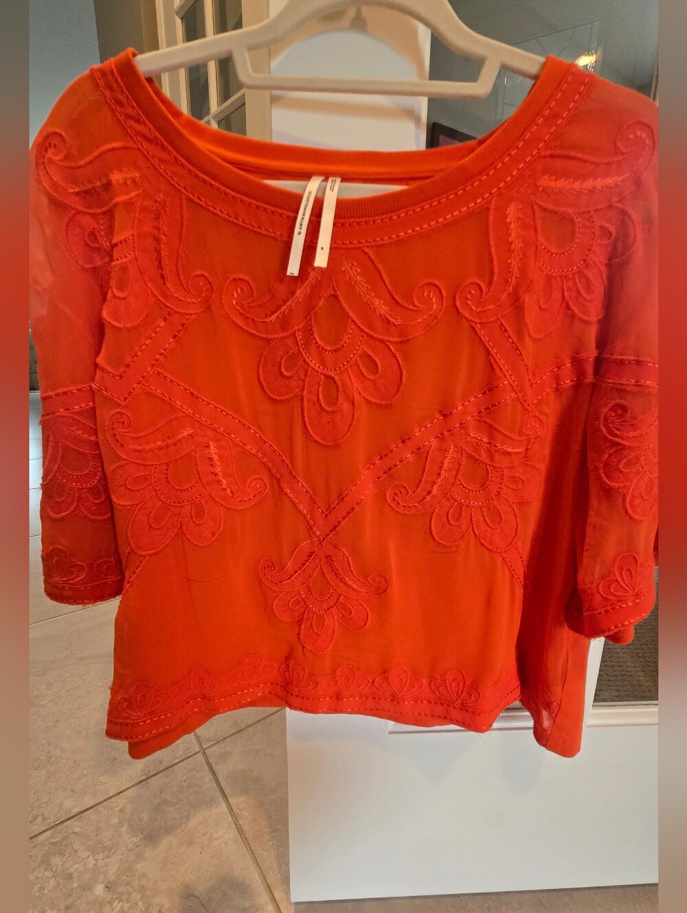 Embroidered Scoop-Neck Orange Blouse